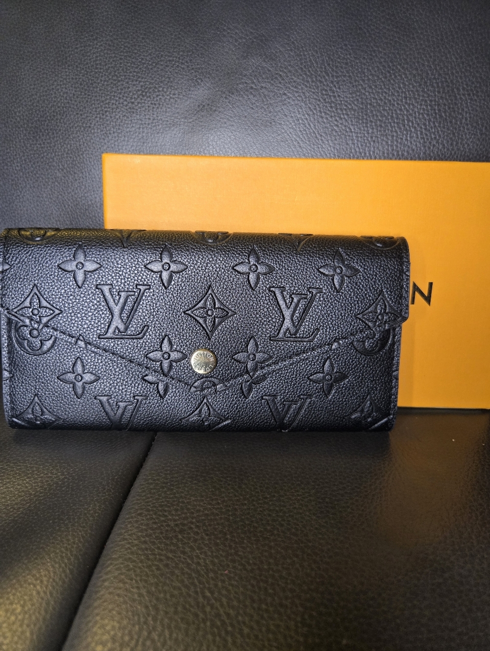 Black Embossed Monogram Envelope Long Wallet W/ Snap Closure